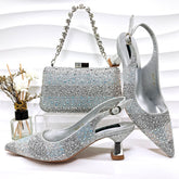 Simple Pointed Striped Delicate Rhinestone Decorative Cocktail Elegant Shoes Bags Two Piece Sets High Heels
